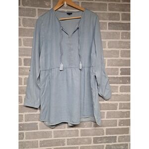 J JILL DENIM Blue Chambray Tassel Tie Front Embroidered Roll Tab Sleeve Tunic- M